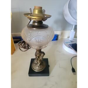 French Style Brass Cherub Lamp Clear Electrified Oil Lamp Style Vtg